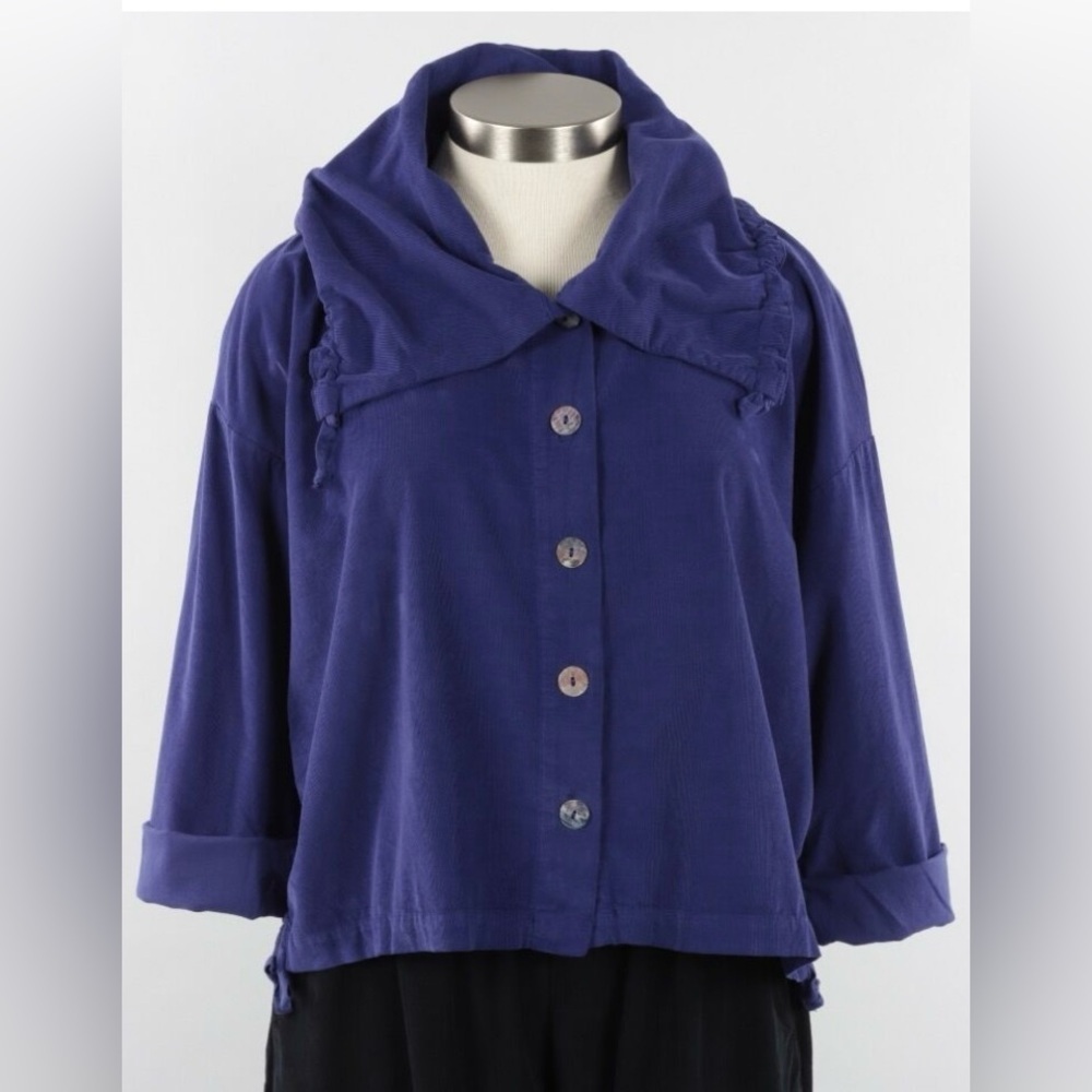 PacifiCotton by Bryn Walker Irene Jacket in Purple Cotton. Made in USA. Buttonup